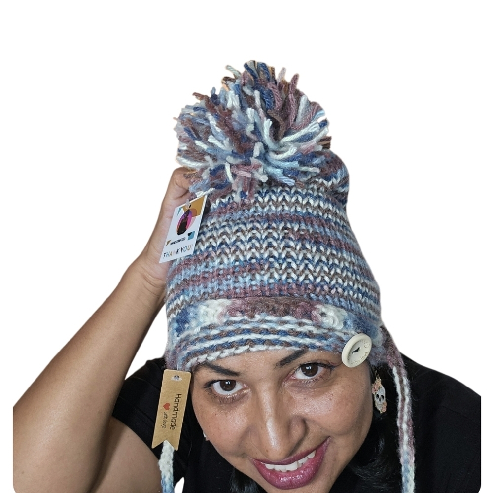 Hand Crafted Winter Hat Handmade knitted pom pom beanie multicolored crochet cap - Picture 5 of 17